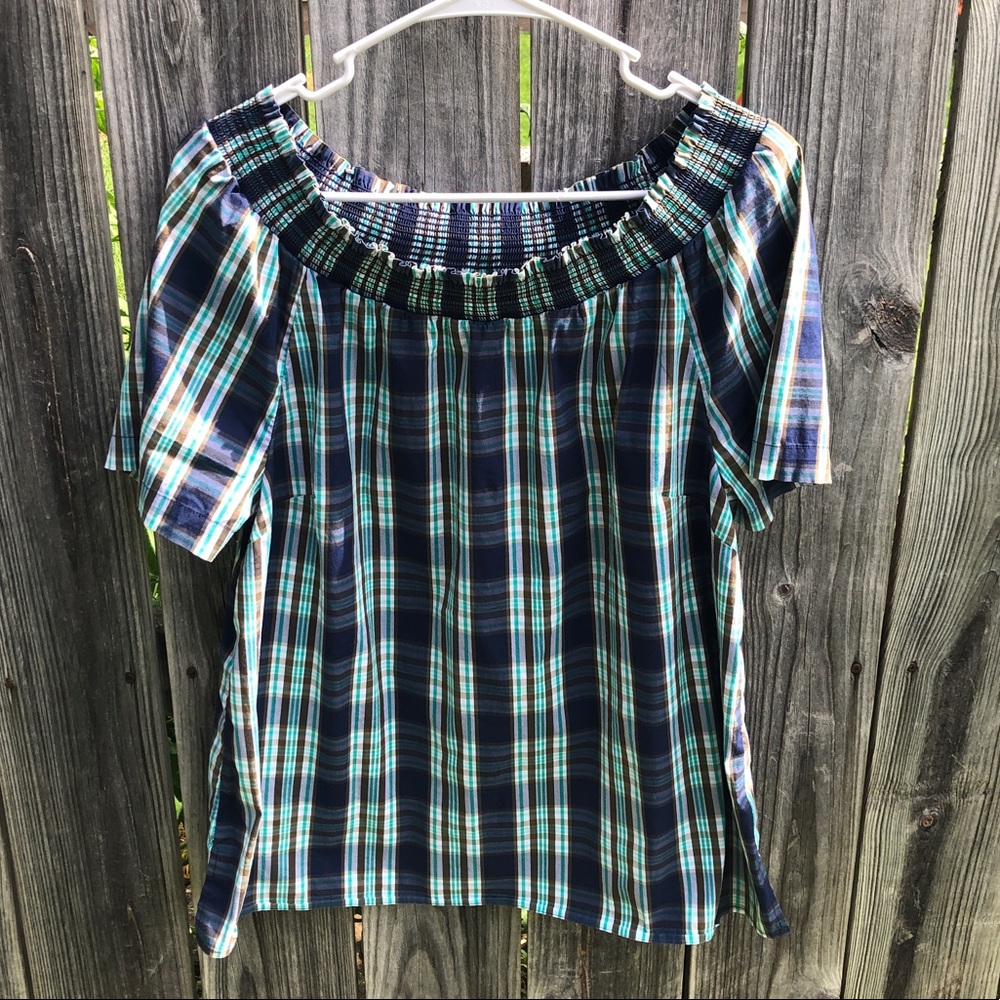 Talbots Navy Blue & Teal Plaid Short Sleeve Blouse